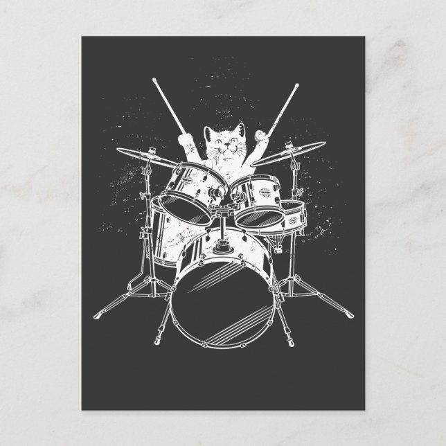 Carte Postale Kitty Chat Rockstar Punk Joueuse de Batterie en Ac (Devant)