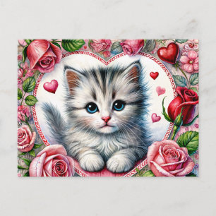 Carte Postale Kitty de la Saint-Valentin avec des roses rouges