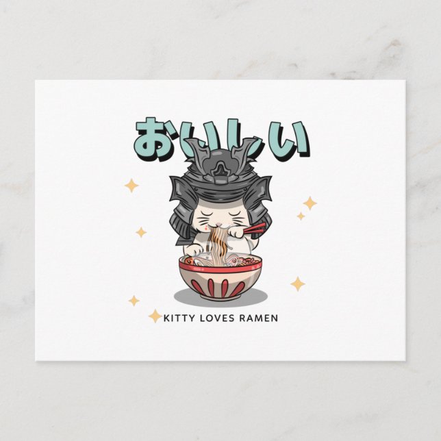 Carte Postale Kitty Loves Ramen - Ventilateurs de chats nouilles (Devant)