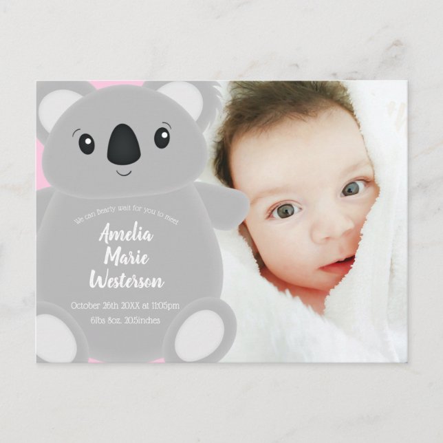 Carte Postale Koala Baby shower fille (Devant)