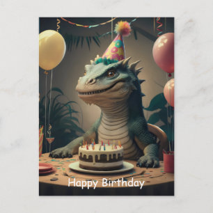 Carte Postale Komodo Dragon assis à table avec un gâteau d'anniv