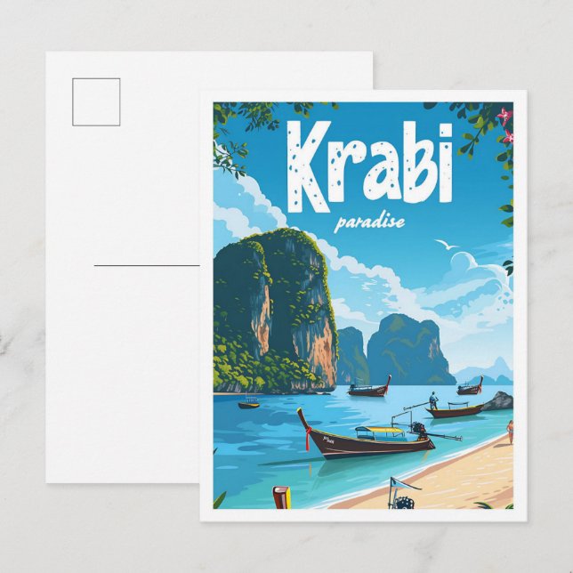 Carte Postale Krabi Thaïlande Illustration de voyage d'art Vinta (Devant / Derrière)