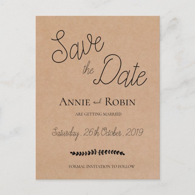 Carte Postale Kraft Paper Custom Script Wedding Enregistrer la d (Devant)