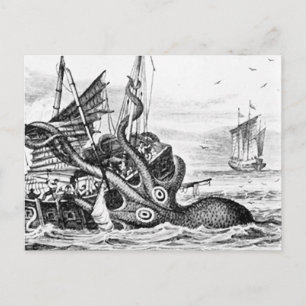 Carte Postale Kraken/Octopus Mangeant Un Navire Pirate, Noir/Bla