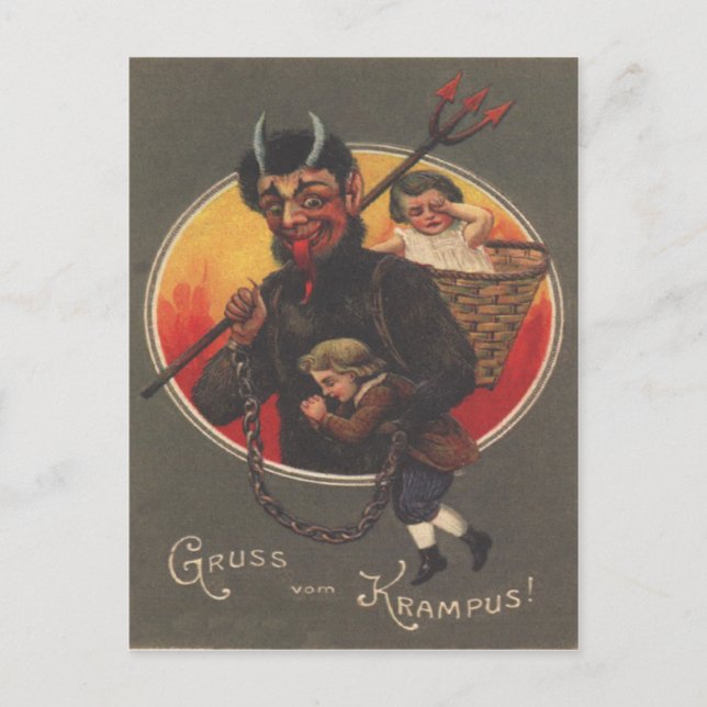 Carte Postale Krampus Kidnapping garçon & fille (Devant)