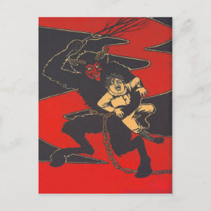 Carte Postale Krampus Punissant un Enfant avec une Baguette