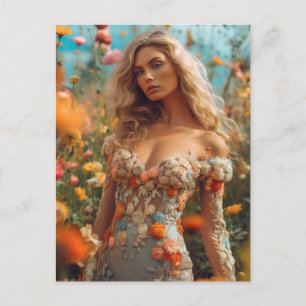 Carte Postale La belle femme blonde en robe florale