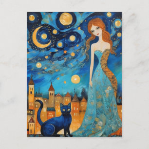 Carte Postale La Belle Femme et Chat dans une ville nocturne