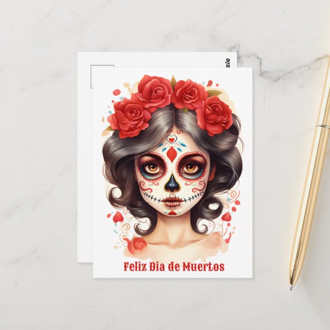 Carte Postale La Calavera Catarina💀 en Fleurs Rouges (Devant/Arrière en situation)
