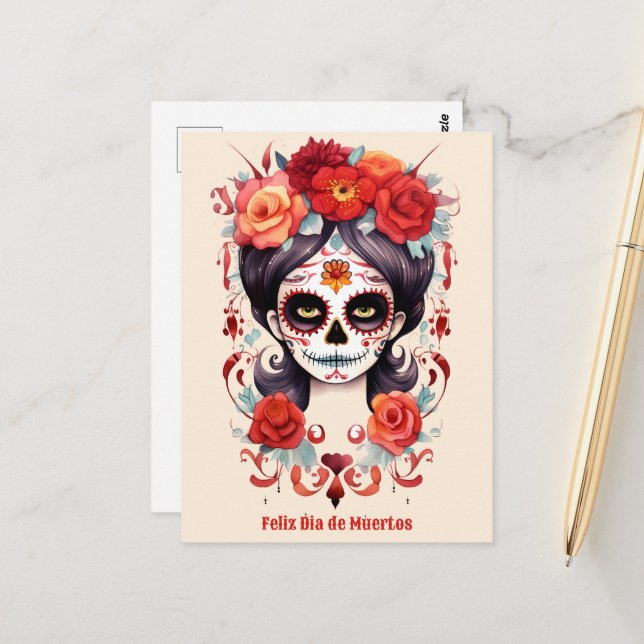 Carte Postale La Calavera Catarina en Flores Rojas (Devant/Arrière en situation)