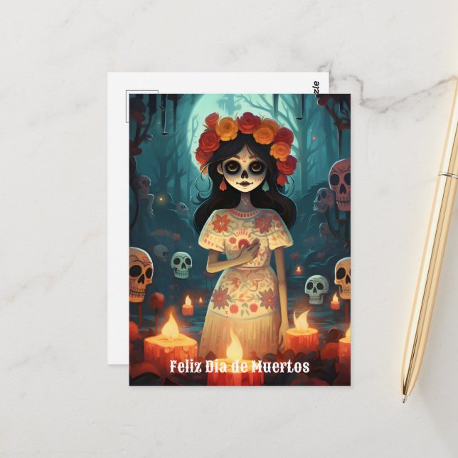 Carte Postale 🌹 La Calavera Catrina : Les fleurs de la vie 🌹 (Devant/Arrière en situation)