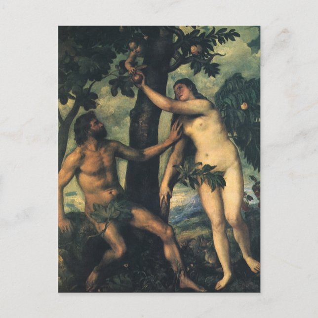 Carte Postale La chute de l'homme; Adam et Eve par Titian (Devant)