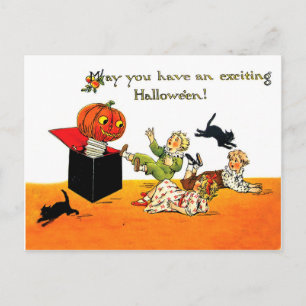 Carte Postale La citrouille d'Halloween saute hors de la boîte