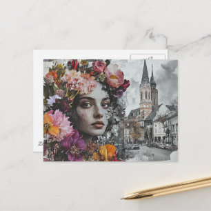 Carte Postale La Dame Collage Avec Fleurs et Bâtiments
