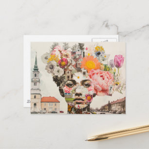 Carte Postale La Dame Collage Fleurs et Bâtiments