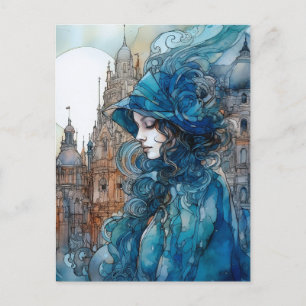 Carte Postale La Dame dans la ville vêtue de bleu