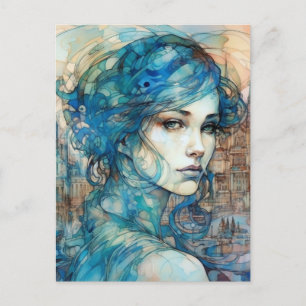 Carte Postale La Dame de la ville aux cheveux bleus