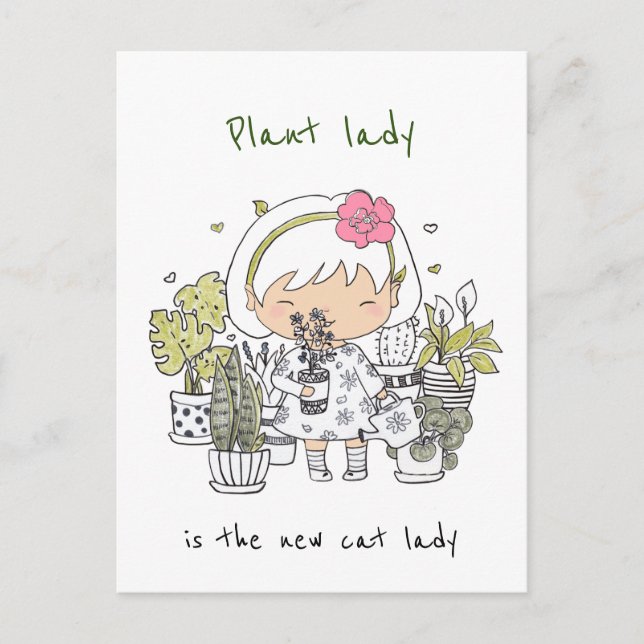 Carte Postale La Dame plante Est La Nouvelle Dame Chat / Kawaii (Devant)
