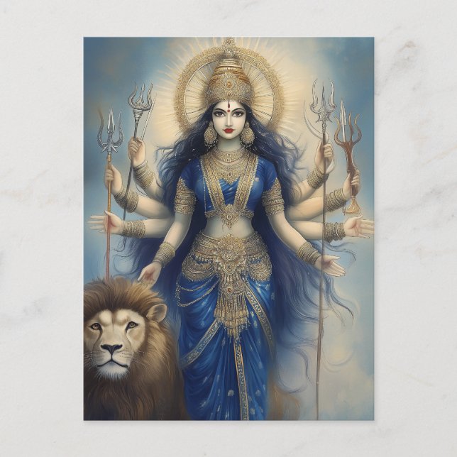 Carte Postale La déesse Durga avec Lion Divine Hindu Portrait Po (Devant)
