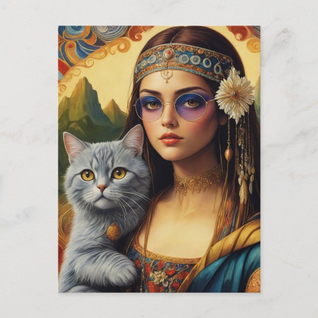 Carte Postale La jeune hippie Mona Lisa et son chat gris (Devant)