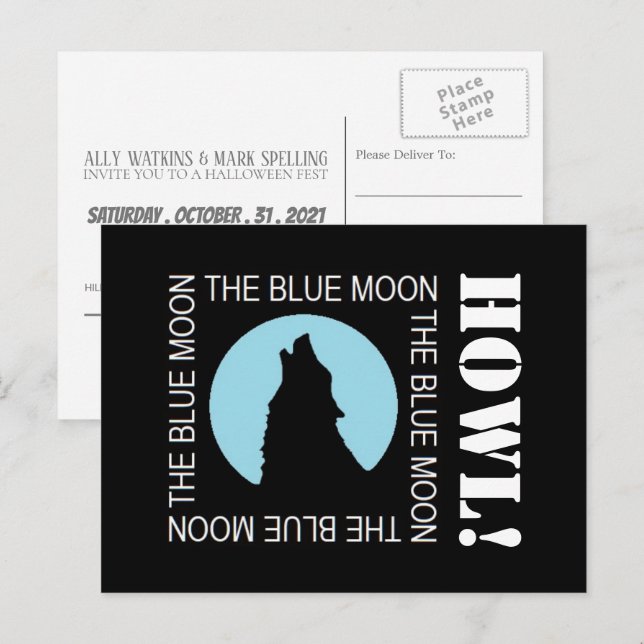 Carte Postale La Lune Bleue, Invitation de la fête d'Halloween (Devant / Derrière)