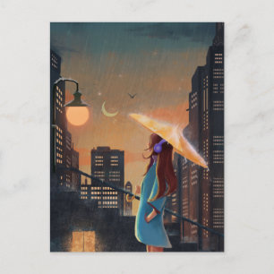 Carte Postale La nuit ville pluvieuse parapluie fille