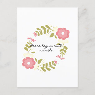 Carte Postale La paix commence par le sourire rose et vert fleur
