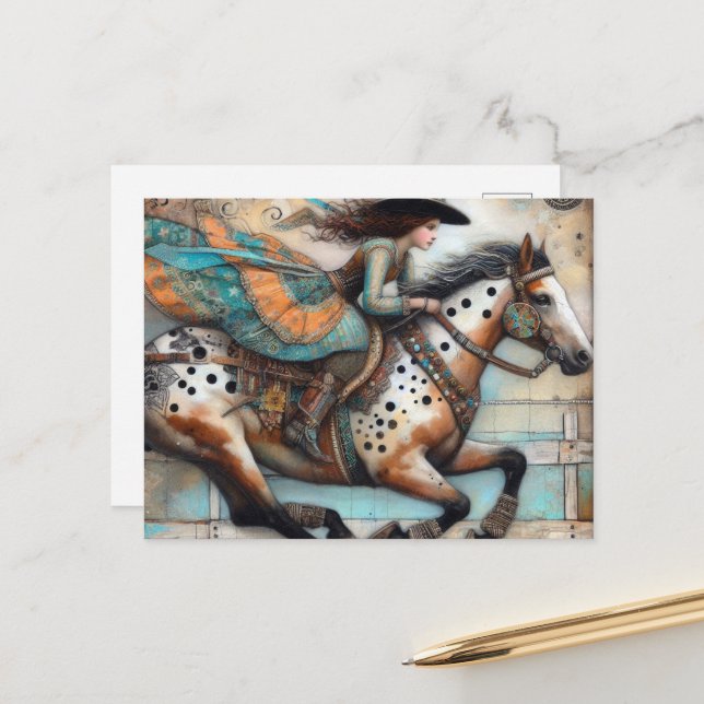 Carte Postale La petite fille sur un cheval Appaloosa (Devant/Arrière en situation)
