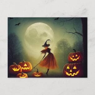 Carte Postale La petite sorcière danse entre Halloween Citrouill
