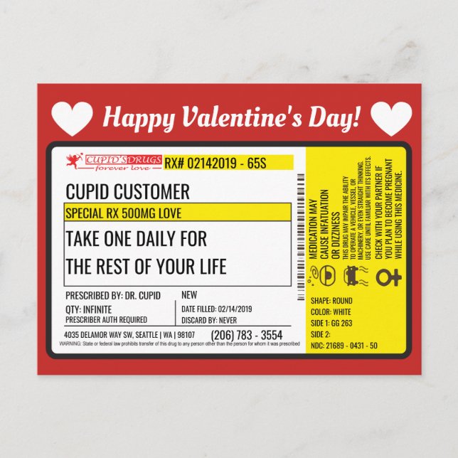 Carte Postale La prescription Valentine Love du Dr Cupid (Devant)