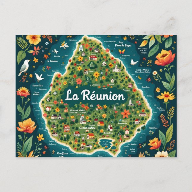 Carte postale La Réunion – Carte illustrée de l’îl (Devant)