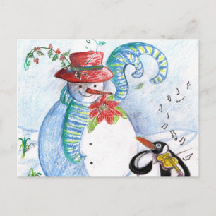 CARTE POSTALE LA SÉRÉNADE HIVERNALE DE SNOWMAN ET PENGUIN