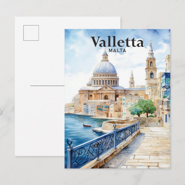 Carte Postale La Valette Malte Aquarelle Peinture Voyage (Devant / Derrière)