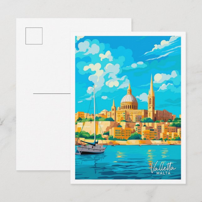 Carte Postale La Valette Malte Voyage Vintage illustration (Devant / Derrière)