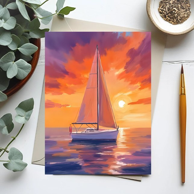 Carte Postale La voile au coucher du soleil | Peinture océanique (Créateur téléchargé)