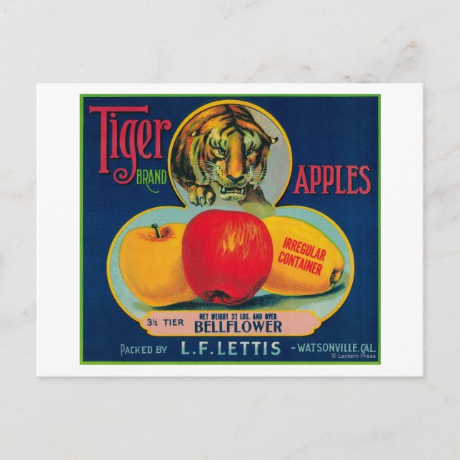 Carte Postale Label Tiger Apple Crate Watsonville, CA (Devant)