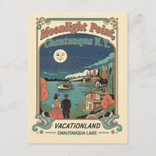 Carte Postale Lac Chautauqua, NY Moonlight Point Rétro 1950s