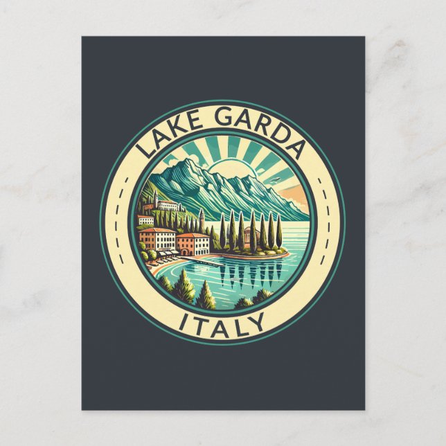 Carte Postale Lac de Garde Italie Illustration Badge d'Art Voyag (Devant)