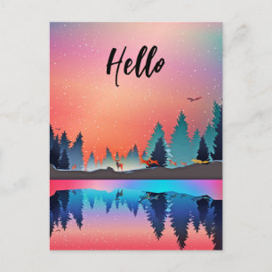 Carte Postale Lac d'hiver pittoresque avec Cerf Bonjour