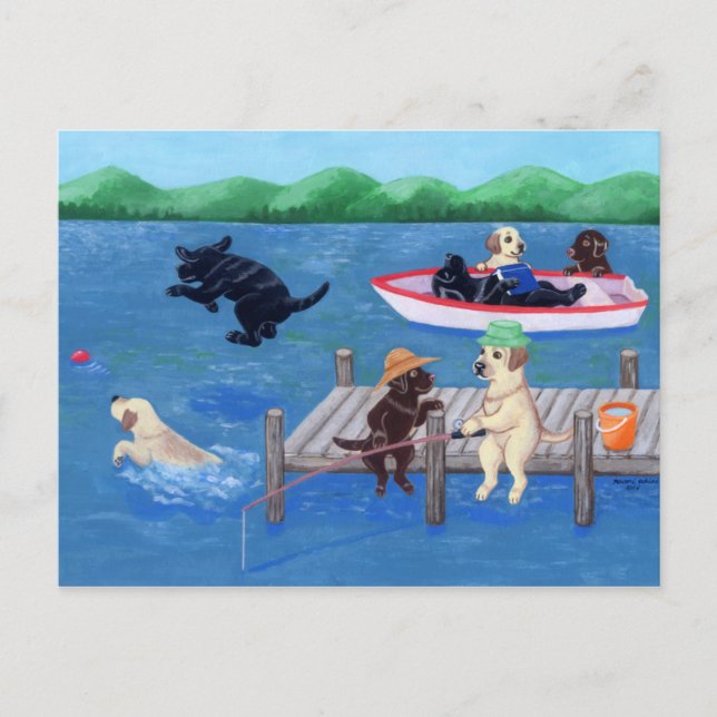 Carte Postale Lac Fun Labradors Peinture (Devant)