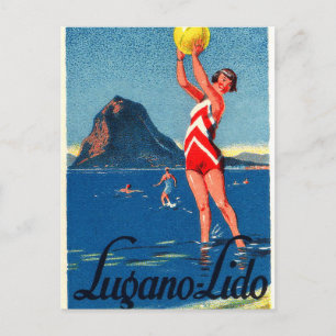 Carte Postale Lac Lugano, plage, fille avec balle de plage, vint