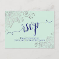 Lacy Calligraphy Marine Blue sur Mint Wedding RSVP