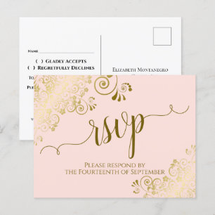 Carte Postale Lacy Gold Calligraphie Blush Rose Wedding RSVP