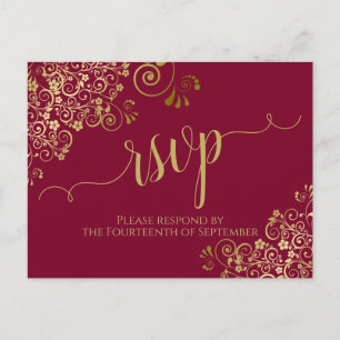 Carte Postale Lacy Gold Calligraphie Burgundy Maroon Wedding RSV