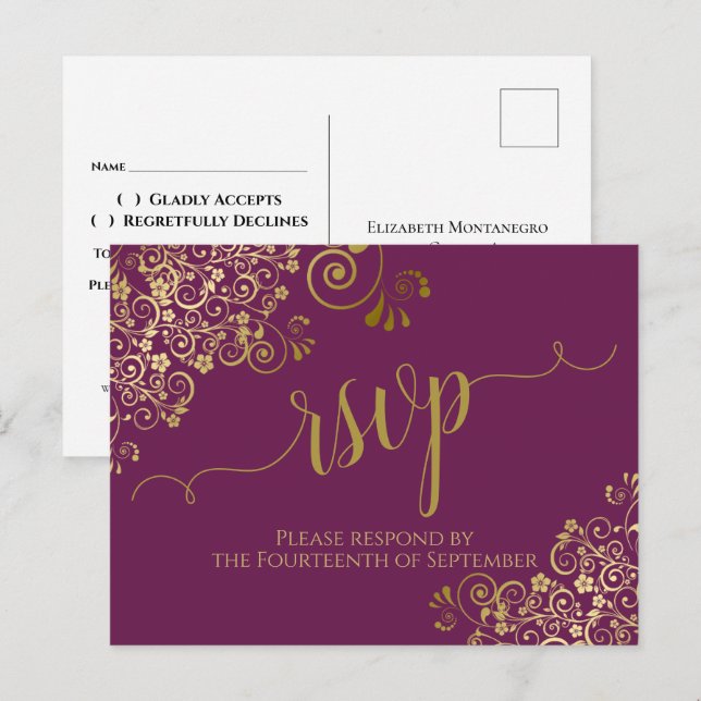 Carte Postale Lacy Gold Calligraphie Cassis Violet Mariage RSVP (Devant / Derrière)