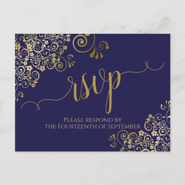 Carte Postale Lacy Gold Calligraphie Chic Navy Blue Wedding RSVP (Devant)