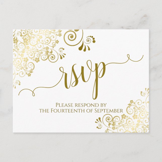 Carte Postale Lacy Gold Calligraphie Elégant mariage blanc RSVP (Devant)