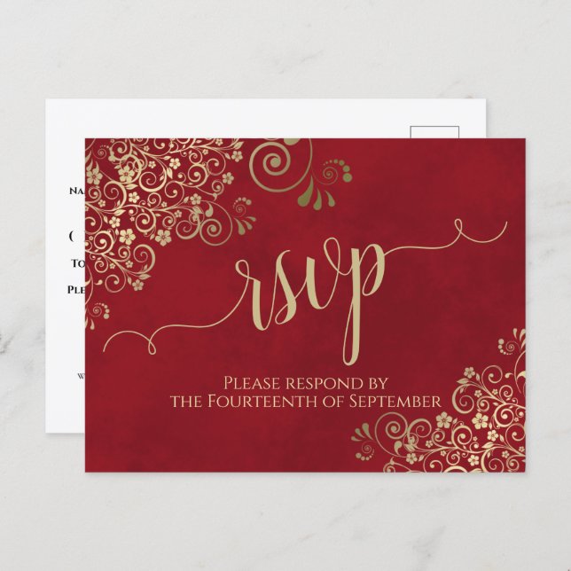 Carte Postale Lacy Gold Calligraphie Élégant Mariage rouge RSVP (Devant / Derrière)