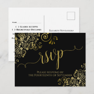 Carte Postale Lacy Gold Calligraphie Élégant Noir Mariage RSVP