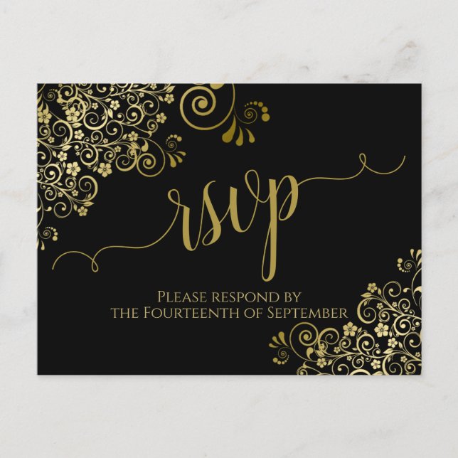 Carte Postale Lacy Gold Calligraphie Élégant Noir Mariage RSVP (Devant)